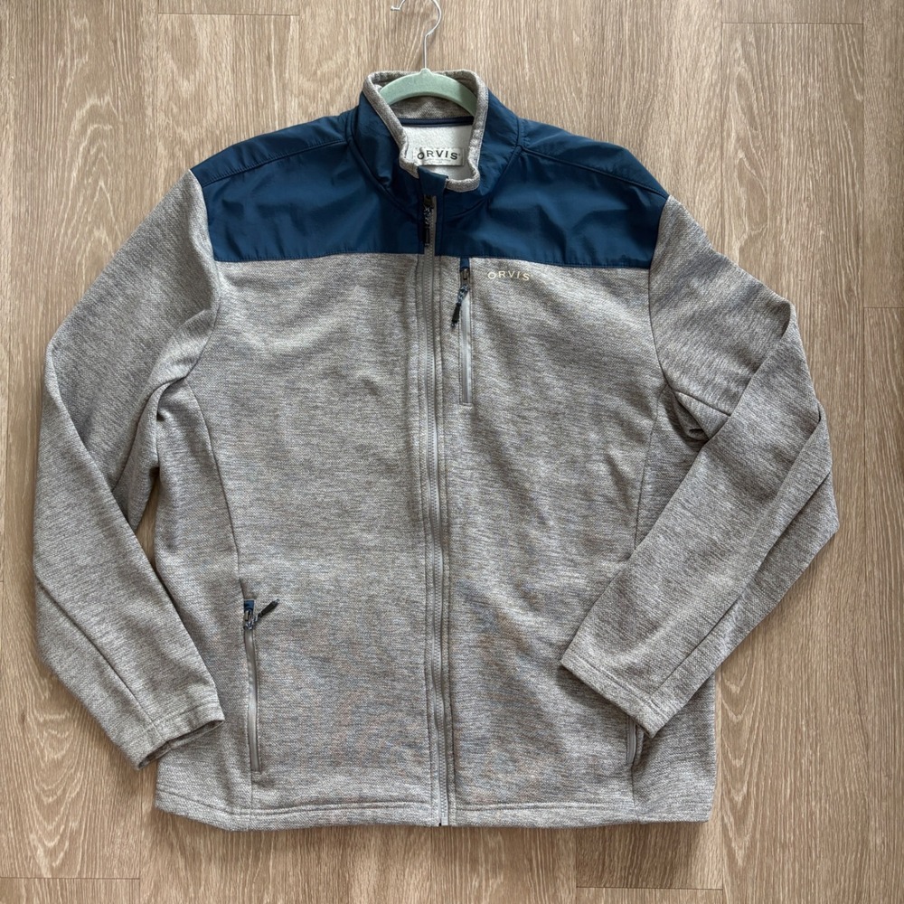 Orvis Full Zip Fleece Lined Jacket Colorblock Yoke Gray Navy XL